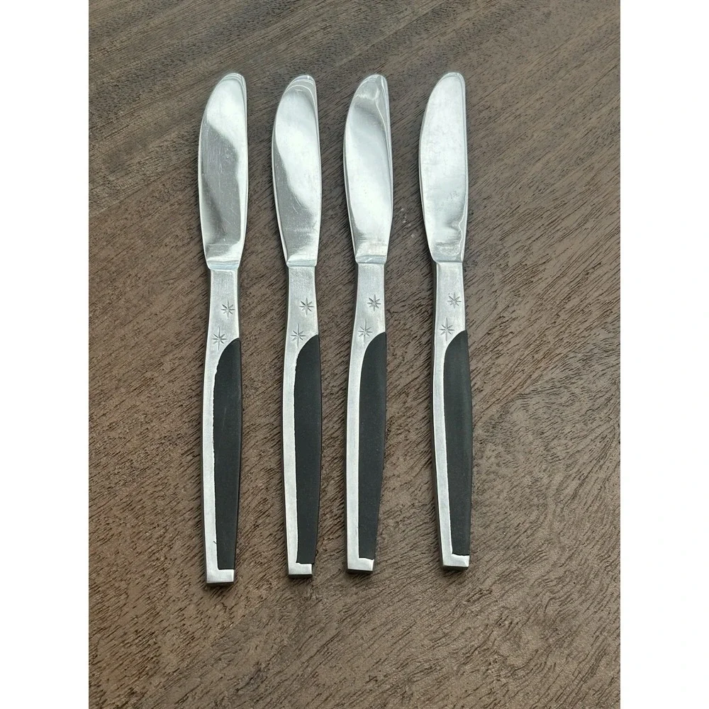 Vintage Mar-Crest Ebony 4 Butter Knives MCFMCF3 Stainless Atomic Starburst Japan